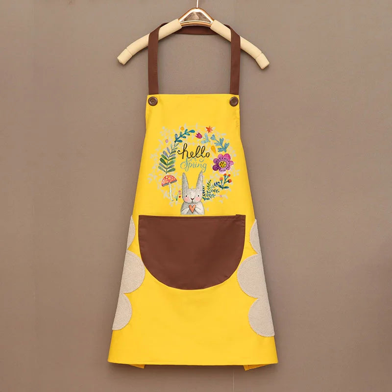 Cartoon Bunny Kitchen Aprons Women Sleeveless Halter Neck Overalls Waterproof Oil-Proof Hand-Wiping Advertising Cook Apron Dress