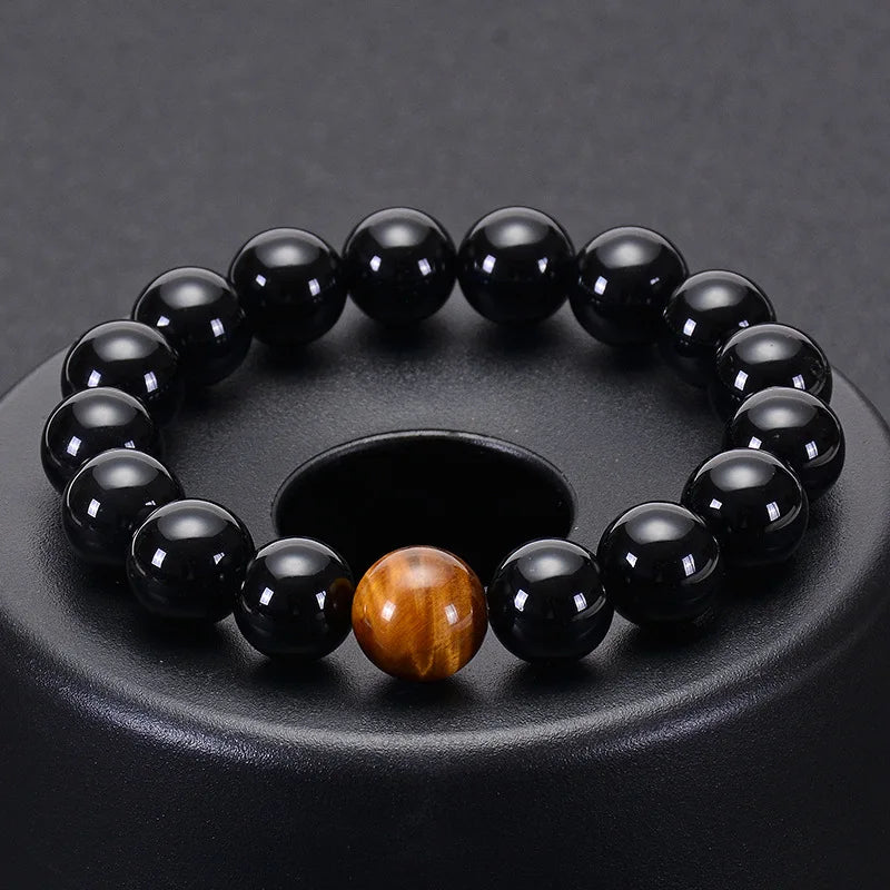 Natural Black Onyx with Tiger Eye Stone Beads Men Jewelry Bracelet 12 Constellation Leo Lovers Energy Balance Bracelet