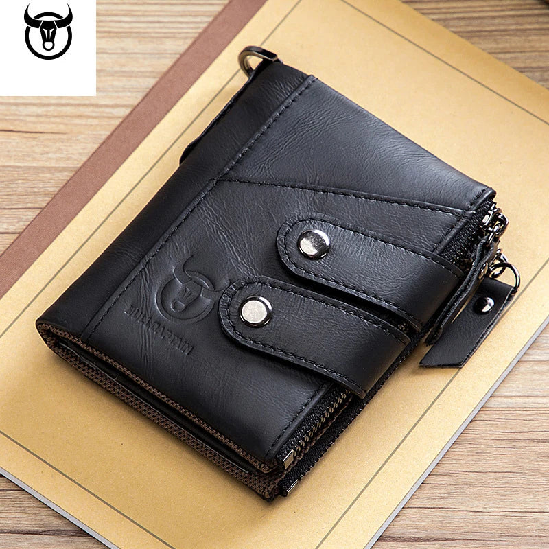 Quality Genuine Leather Men Wallet Brand Zipper Man Purse Vintage Cow Leather Male Card Coin Bag with Iron Chain