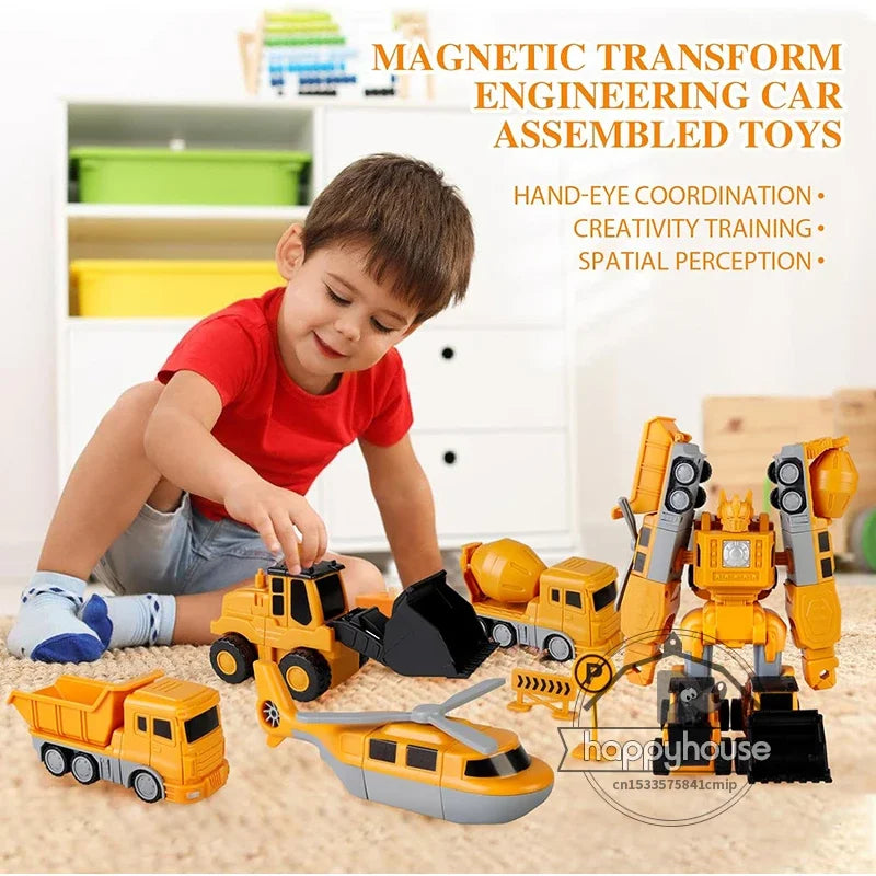 Magnetic Transform Engineering Car Assembled Toys for Toddler Magnetic Blocks for Kids Activities Toy Transforming Robot Car Toy