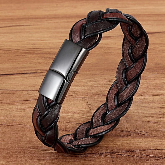 New Fashion Braided Brown Leather Bracelet Men Jewelry Stainless Steel Magnetic Clasp Charm Bangles Male Wrist Band Gifts