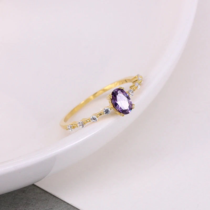 Simple Egg Shape Purple Crystal Gold Rings for Women Rings Jewelry 925 Sterling Silver Finger Ring Ins Wedding Ring Anillos