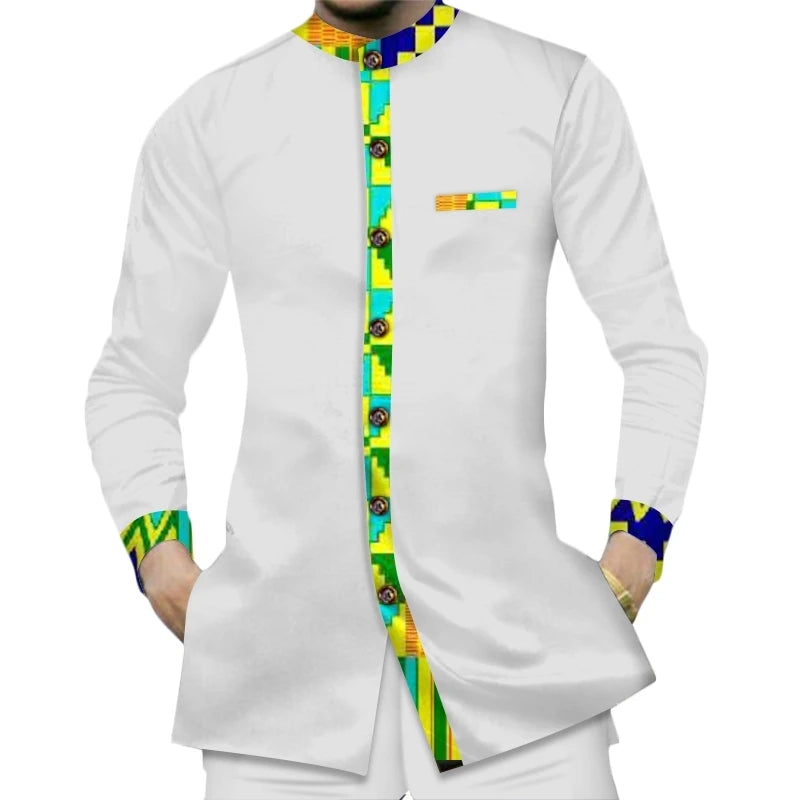 Casual 100% Cotton Men%27S+Shirts African Clothes Dashiki Kente Patchwork Print Shirt Tops Bazin Riche African Men Shirts Only