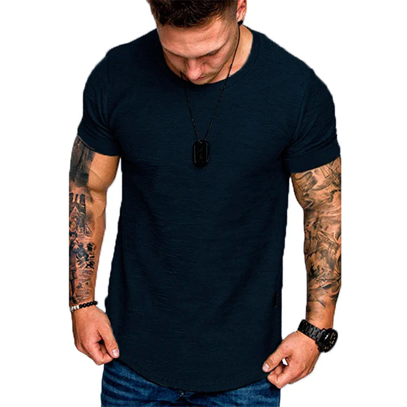 Men'S Casual Fashion Solid O Neck T-Shirt Summer Bodybuilding Sports Running T-Shirt Fitness Short-Sleeve Crossfit Exercise Top