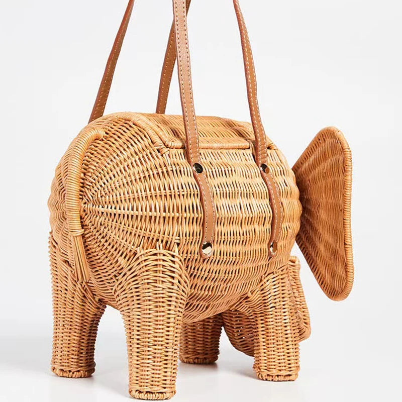 Summer New Large Capacity Women'S Bags Seaside Holiday Rattan Elephant Handbag Simple Personality Hand-Woven Bags Makeup Bag