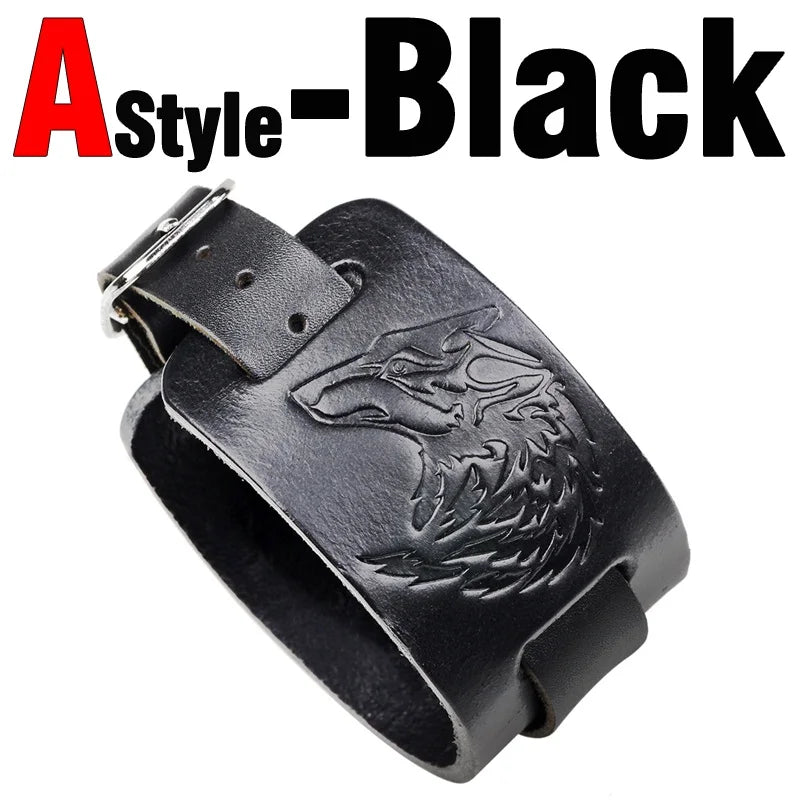 Charm Wide Leather Bracelet Black Brown Men Fashion Embossed Wolf/Eagle/Totem Wristband Bangle Punk Rock Style Jewelry