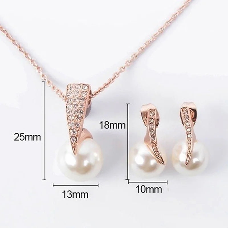 3Pcs Women Trendy Pearl Earrings Necklace Jewelry Set Superior Quality Rhinestones Bride Party Earring