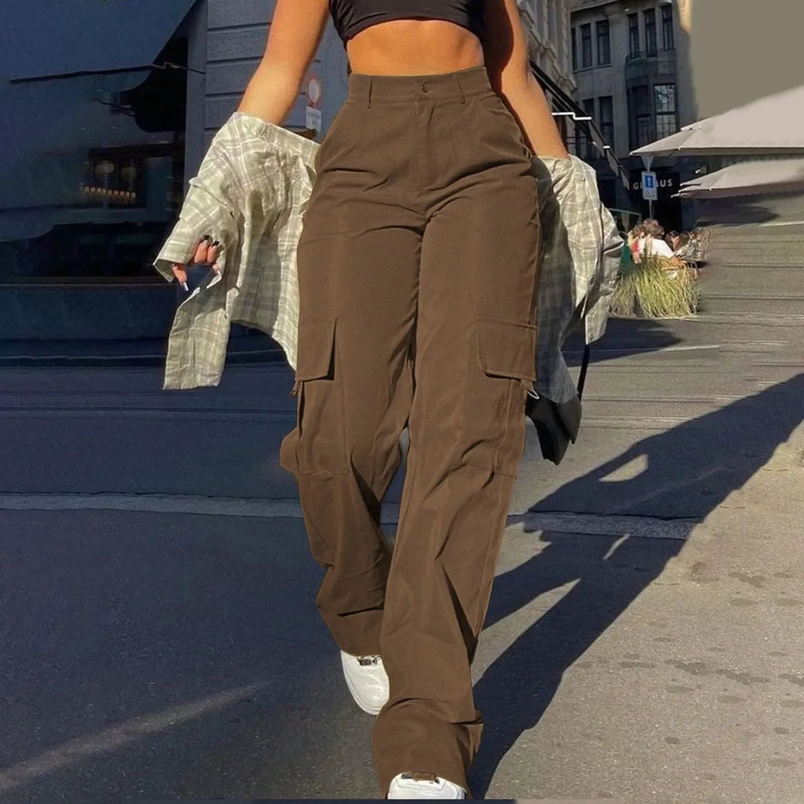 2024 Trendy Women Wide Leg Cargo Pants Street Vibes Flap Pockets Drawstring Ruched High Waist Parachute Women Pants