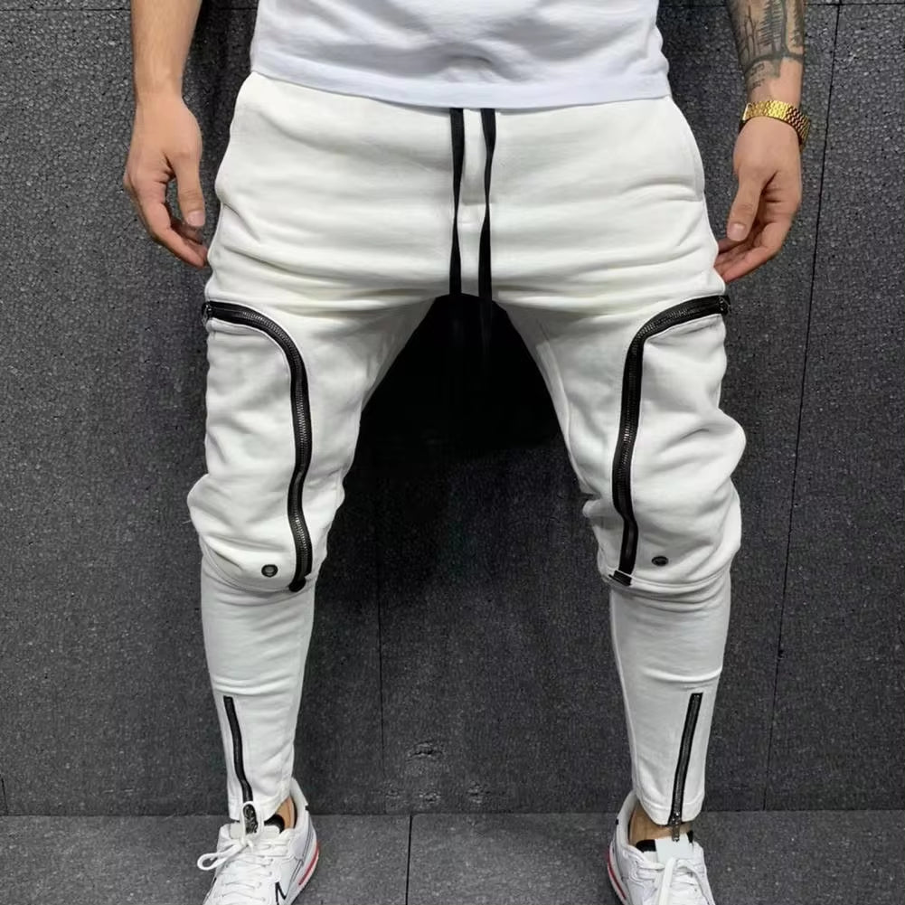 Cargo Pants Men Fashion Solid Color Drawstring Casual Multi Zippers Pockets Trousers Hip Hop Style Men Harem Pants Streetwear