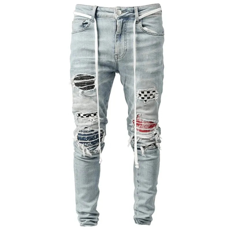 Men'S Ripped Skinny Jeans Patchwork Grid Stretch Casual Denim Pencil Pants Man Fashion Paint Painting Jogging Trousers Male