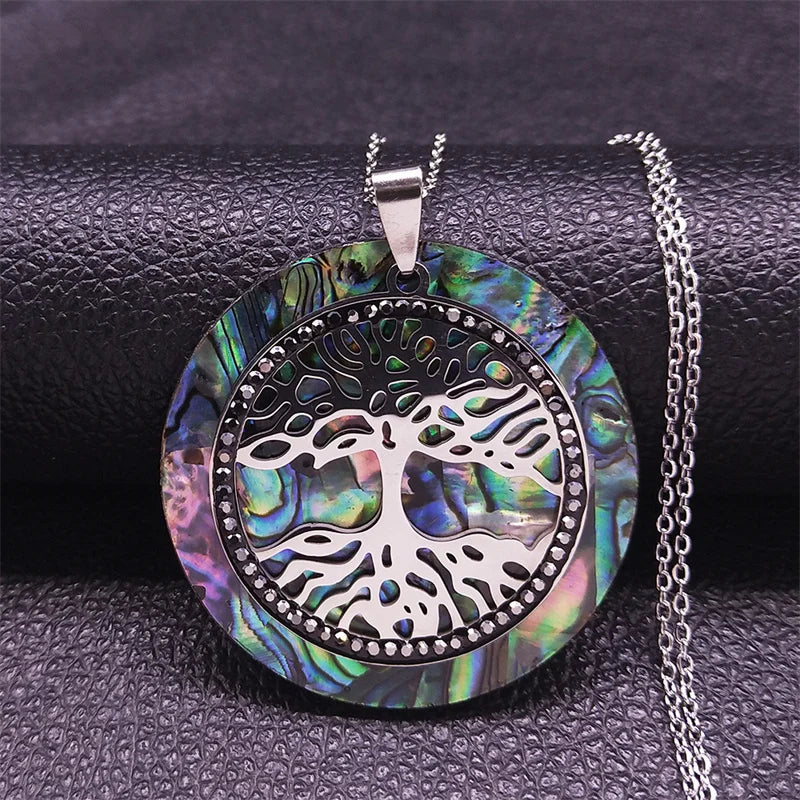 Tree of Life Crystal Stainless Steel Chain Necklaces Women Silver Color Big Necklaces Pendants Jewelry Collar Mujer NXS04