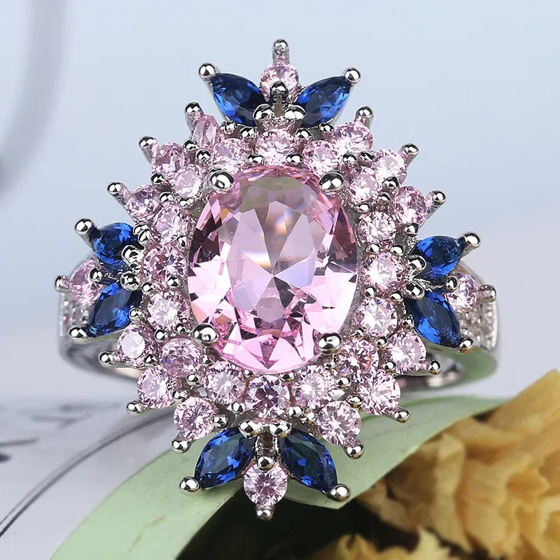 Fasion Real Solid 925 Sterling Silver Ring Women Gift AAA Multi Color Zircon Jewelry Blue Pave Flower Wedding Silver Ring Gift