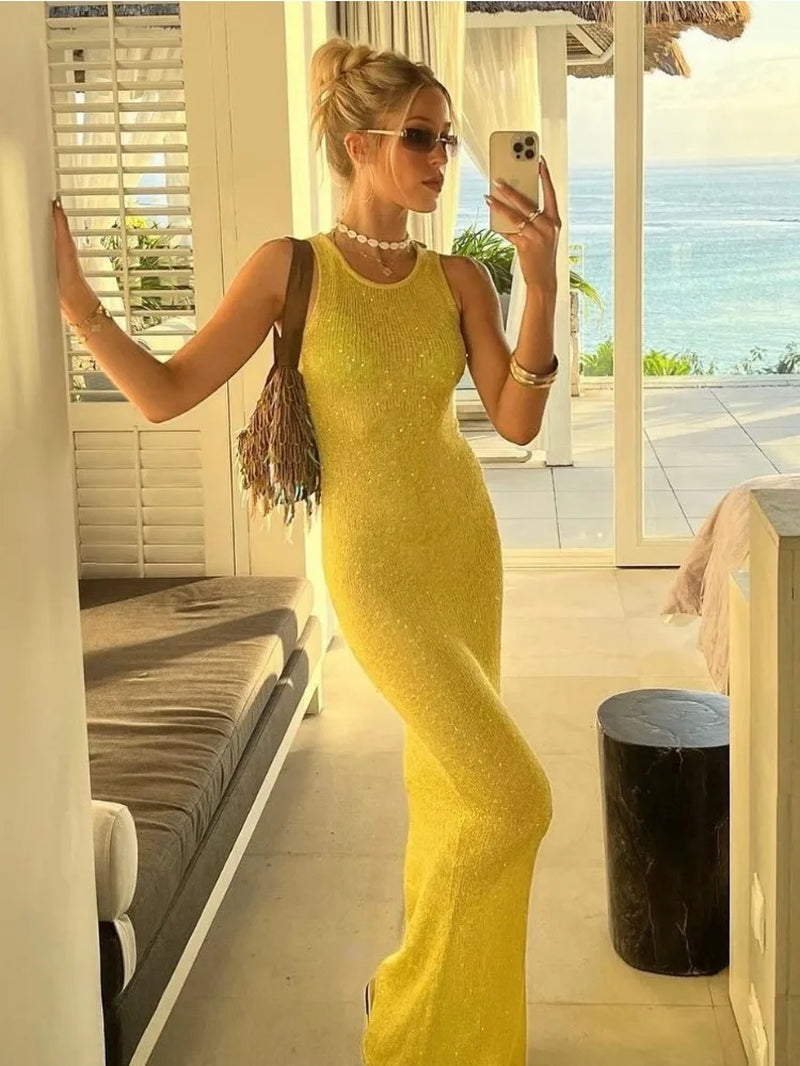 See-Through Fashion Sleeveless Maxi Dress Female Casual Sequin Slim High Waist Streetwear Vest Clothes Women Long Dress