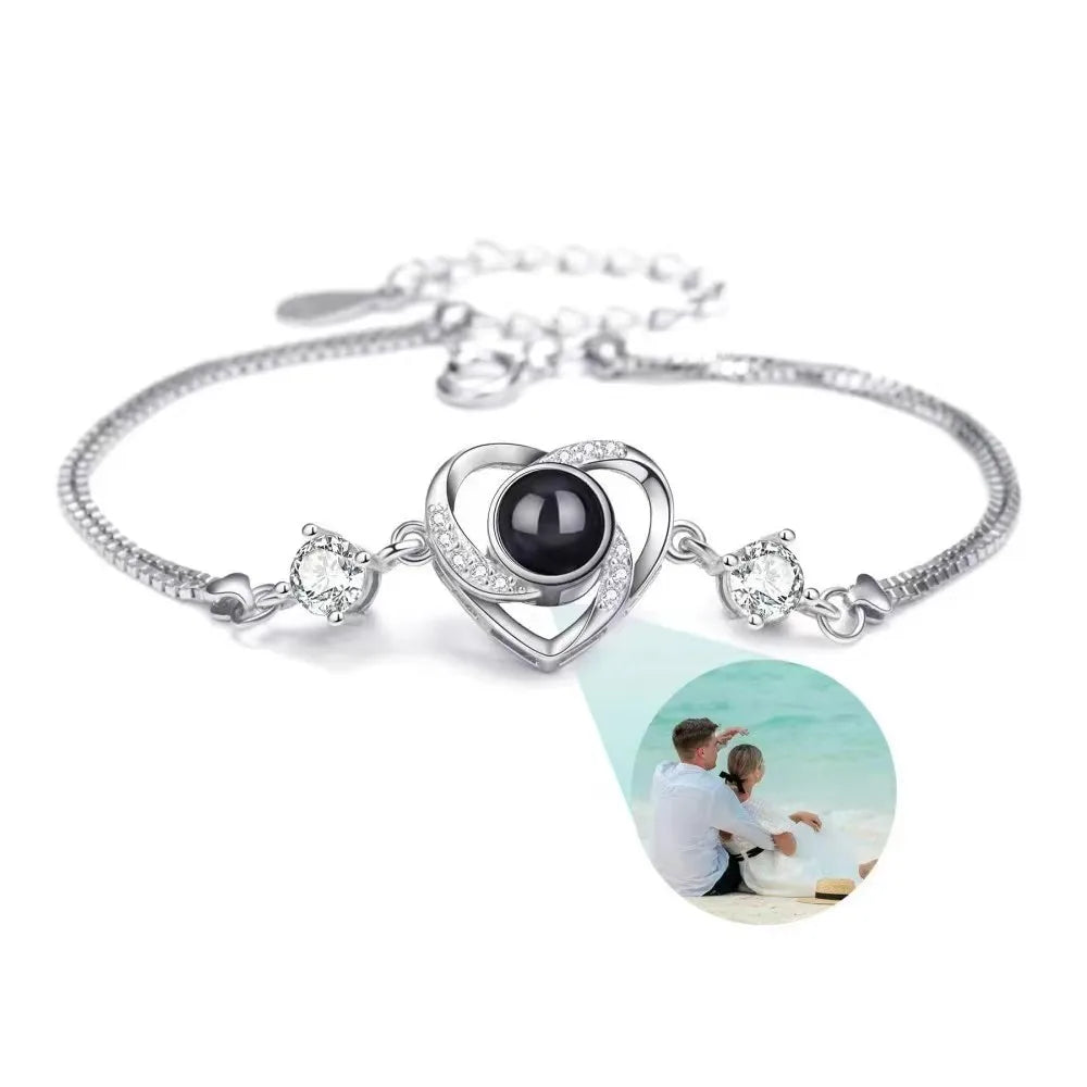 Custom Photo Projection Bracelet Heart Zircona Pendant Stainless Steel Couple DIY Picture inside Bracelet for Women Jewelry