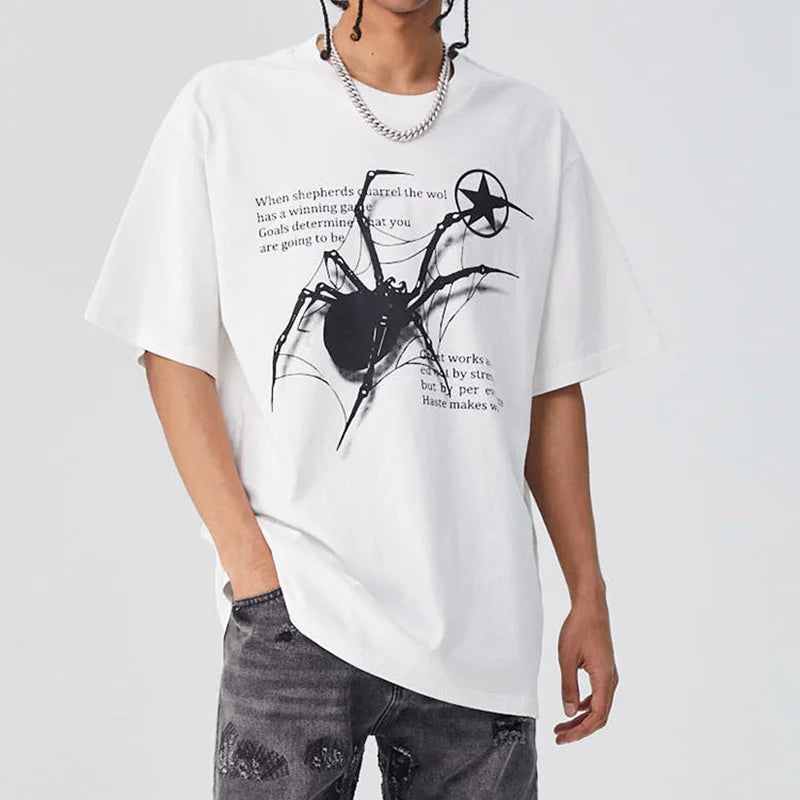 Men T-Shirt Streetwear Hip Hop Oversized Y2K Washed Black Spider Graphic Harajuku Gothic Vintage Cotton Tops Tees Loose Clothes