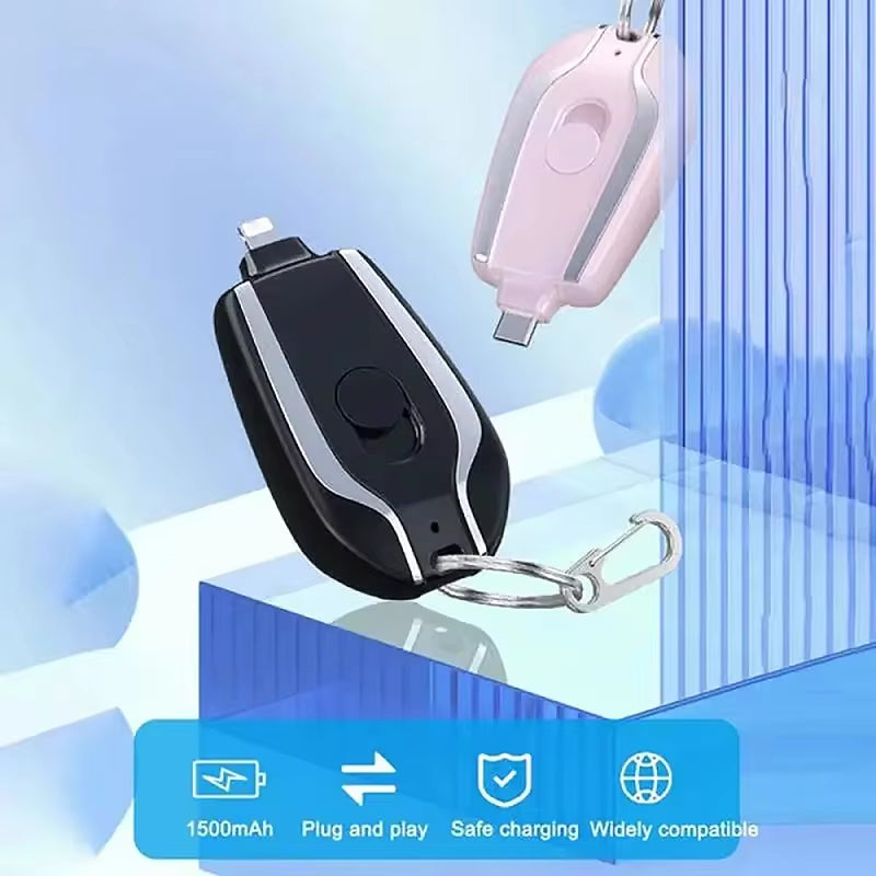 Portable Charger Compatible with Android IOS 1500Mah Durable Key Chain Phone Charger Type-C Mini Power Emergency Charger