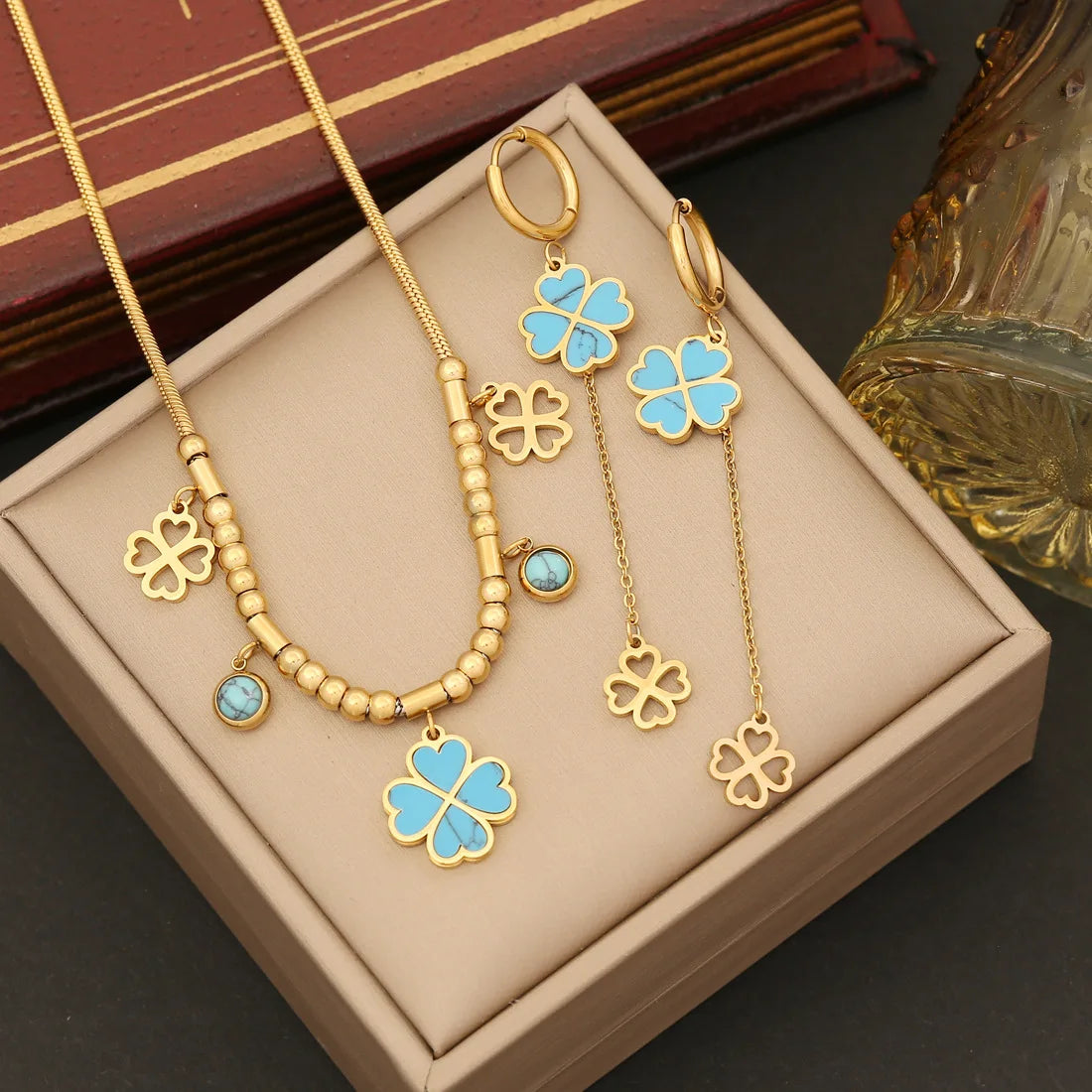 Fashion Stainless Steel Blue Four Leaf Clover Flower Beaded Necklace Earriing Bracelet Set for Women Wedding Jewerly Wholesale