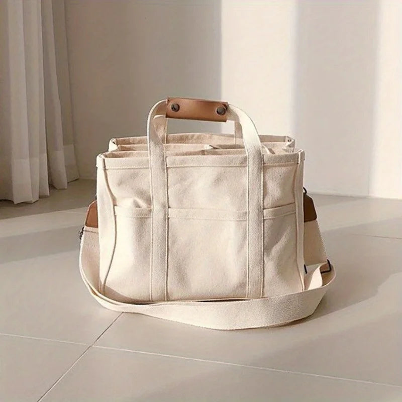 Trendy Multi-Pocket Divider Canvas Tote Bag All-Match Solid Color Shoulder Bag Perfect Casual Crossbody Bag for Commuting