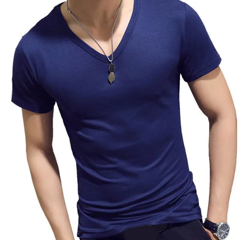 2023 New Top Tees Man T-Shirt Fitness T-Shirts Mens V-Neck Man T-Shirt for Male T-Shirts Summer Casual Gym Solid Color Tops