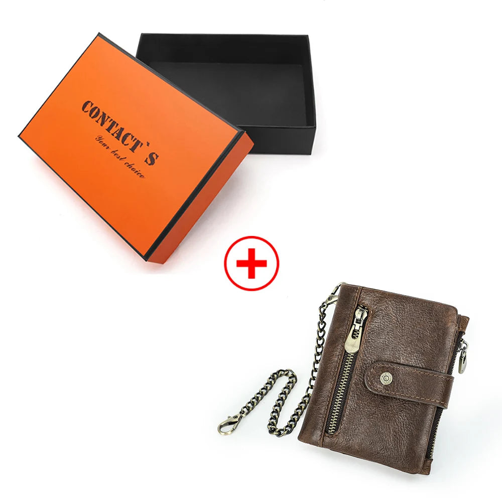 CONTACT'S Genuine Leather Wallets for Men Short Casual Bifold Men Wallet Metal Chain RFID Card Holders Coin Purses Money Clip