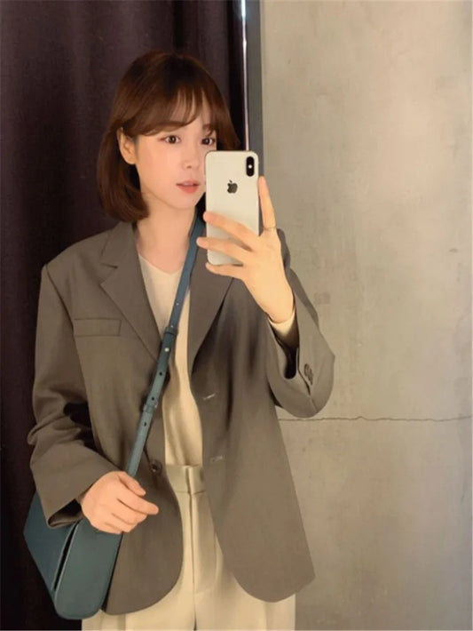 New Suits Female Vintage Autumn Office Ladies Notched Collar Solid Women Blazer Breasted Jacket Casual Pockets Female Suits Coat