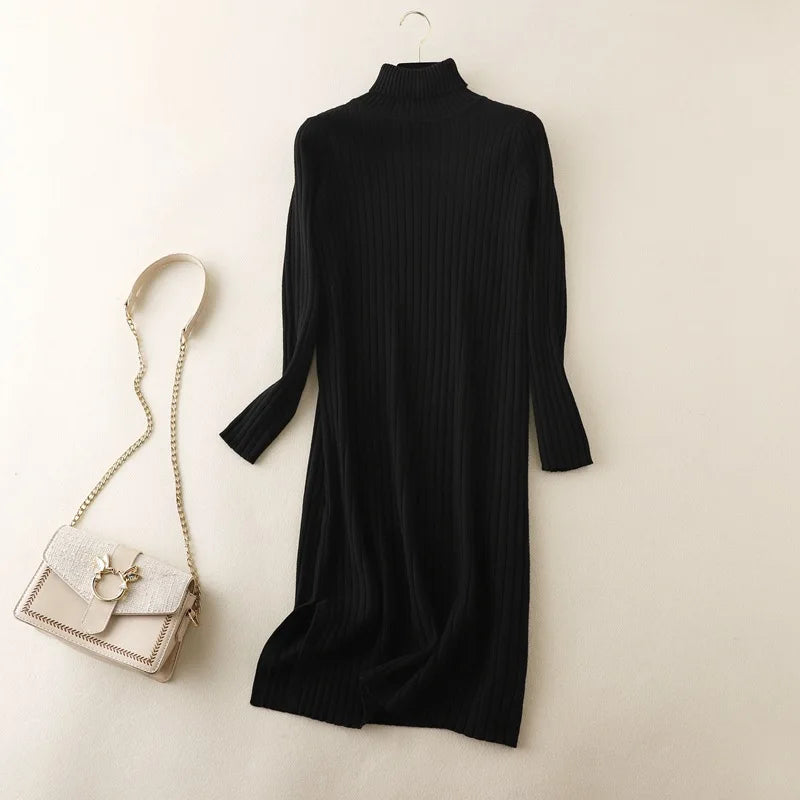 2024 Autumn Winter Thick Straight Maxi Sweater Dress Women High Neck Long Sweater Dress Elegant Female Loose Sexy Knit Dress