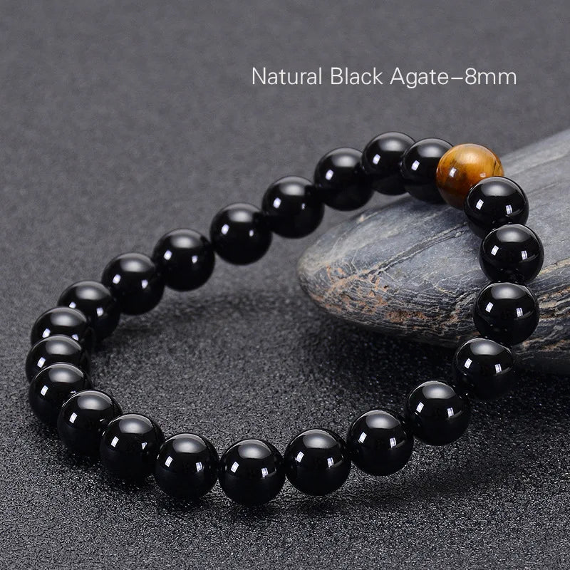 Natural Black Onyx with Tiger Eye Stone Beads Men Jewelry Bracelet 12 Constellation Leo Lovers Energy Balance Bracelet