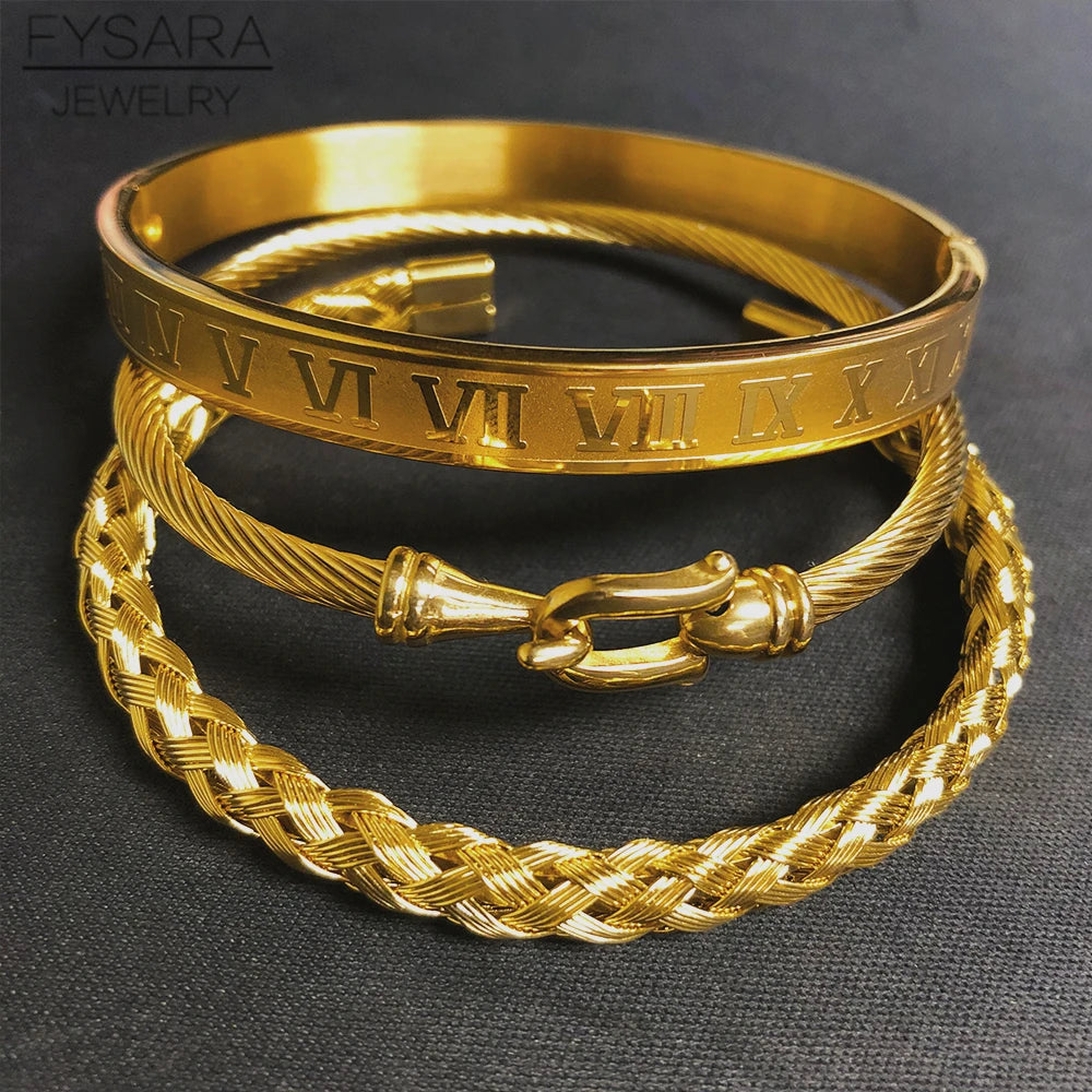 3Pcs/Set Royal Roman Bracelets & Bangles Cable Wire Woven Bangles for Men Stainless Steel Men Jewelry Accessories