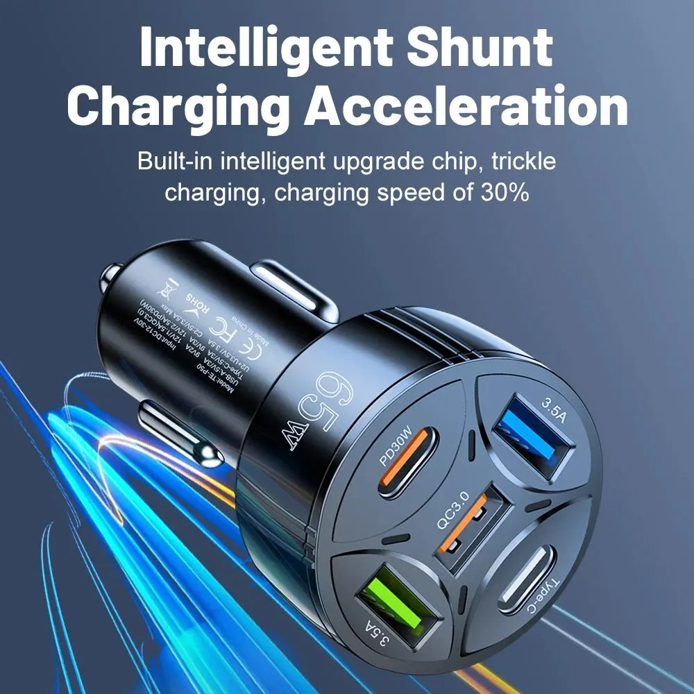 5 Port 65W USB Car Chargers Type C Car Charger Fast Charging PD QC3.0 Phone Charger in Car for Iphone Xiaomi Huawei Samsung