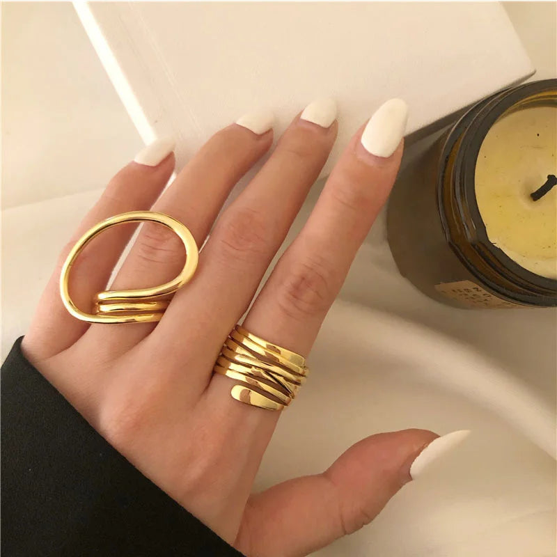 2Pcs/Set Women Rings Exaggerated Lines Rings for Women Fashion Simple Distorted Geometric Party Statement Designer Jewelry