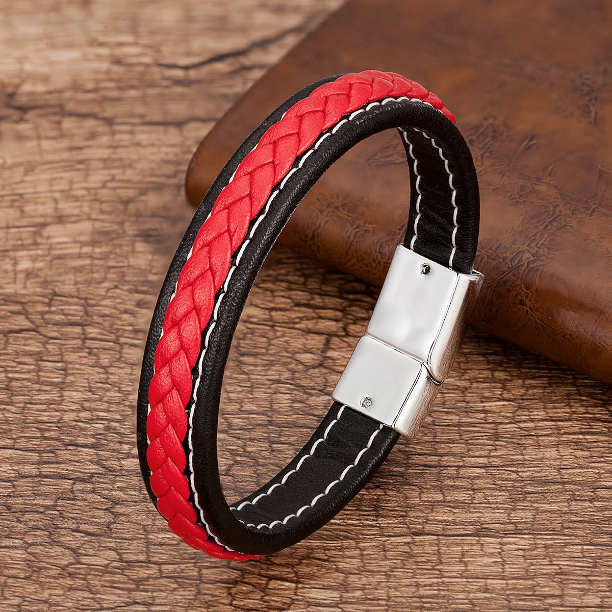 Punk Men Jewelry Red Black Braided Leather Bracelet Metal Magnetic Buckle Bracelets Charm Male Wrist Band Pulsera Hombre