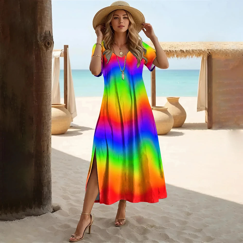 Gradient Color Printed Women'S Split V Neck Long Dress Casual Summer＆Spring Dress Streetwear Holiday Short Sleeve Dresses 2024