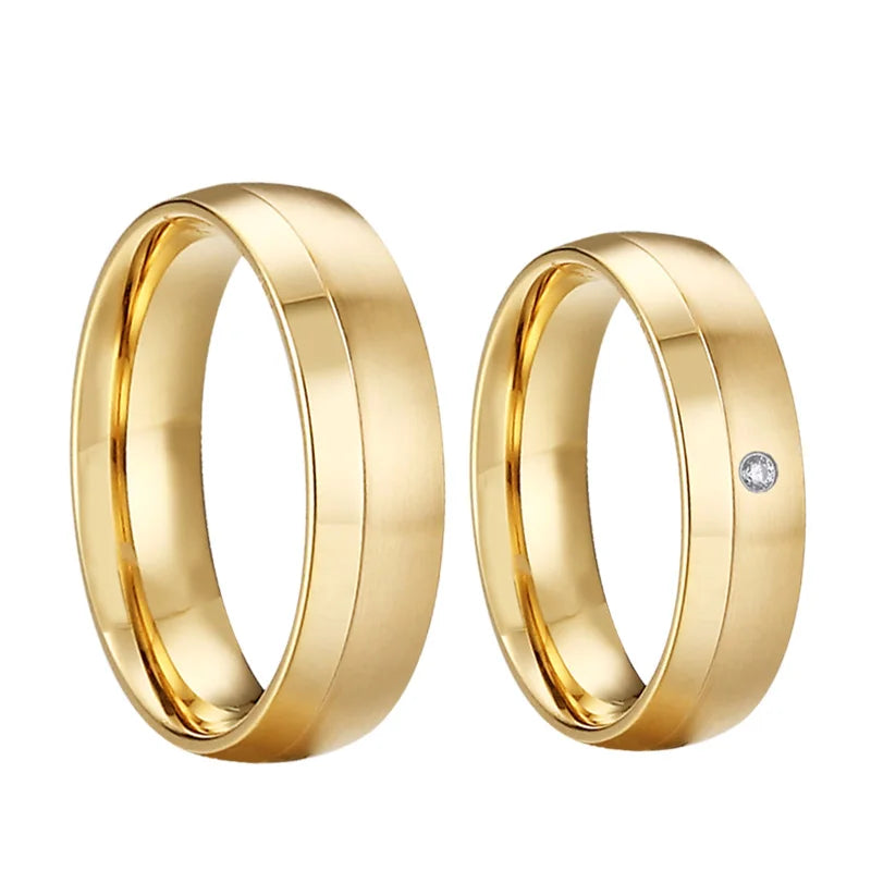 Wedding Rings Couple Sets for Men and Women Lovers Alliance Shiny 1 Pair 14K Gold Plated Stainless Steel Jewelry Marriage Ring