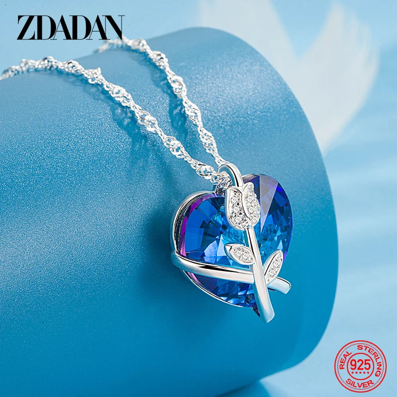 925 Sterling Silver Rose Flowers Blue Heart Crystal Necklace for Women Fashion Jewelry