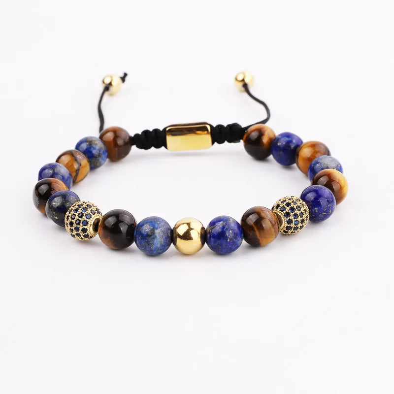 High Quality Men Jewelry 18K Gold Plating Stainless Steel Blue Roman Bangle Tiger Eye Stone Macrame Bracelet Set