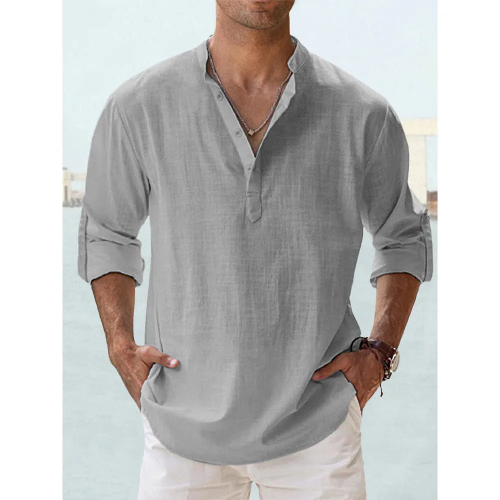 New Cotton Linen Shirts for Men Casual Shirts Lightweight Long Sleeve Henley Beach Shirts Hawaiian T Shirts for Men Streetwear