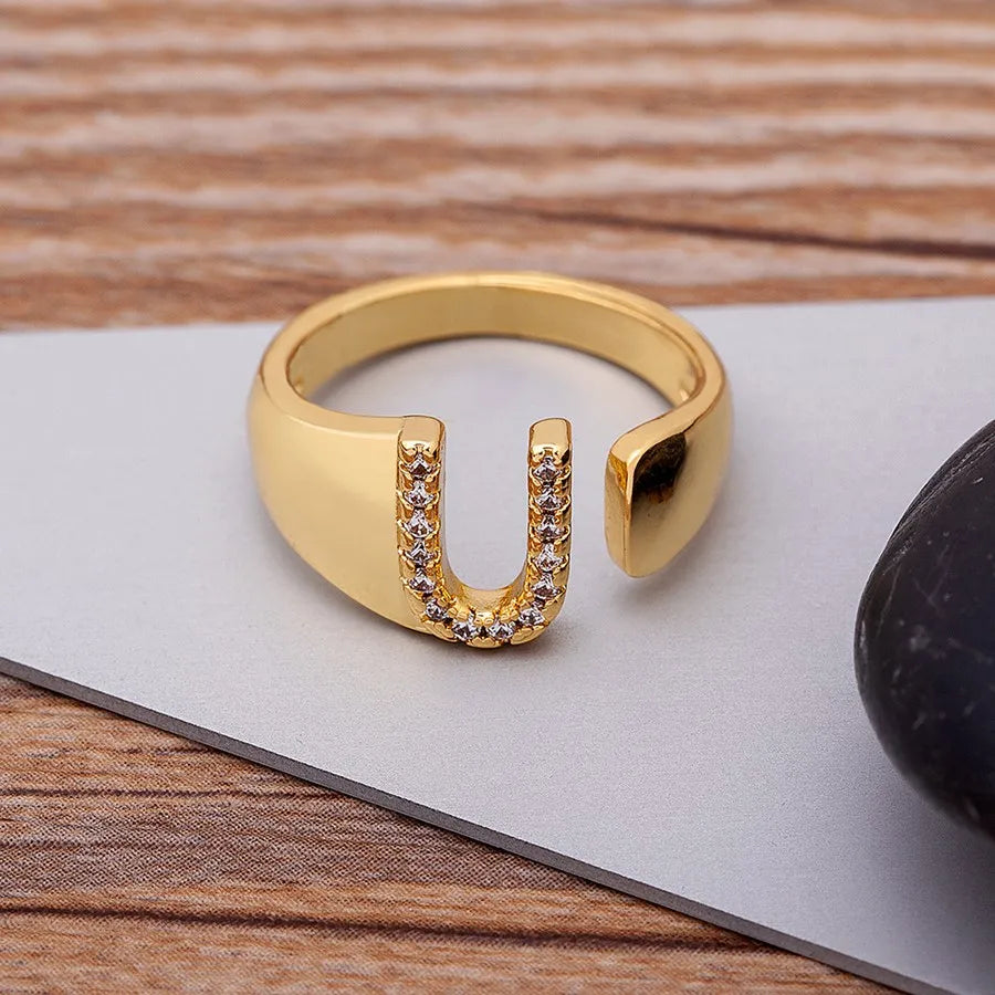 New Fashion A-Z Letter Gold Color Metal Adjustable Opening Ring Initials Name for Women Finger Rings Party Crystal Jewelry