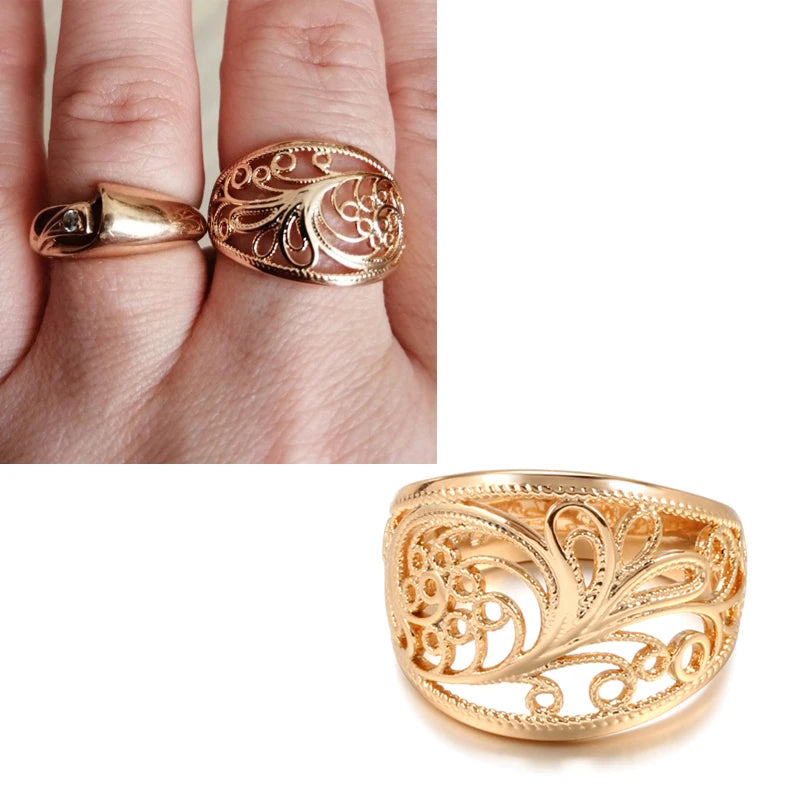 Hot Trendy Unique Women Rings 585 Rose Gold Hollow Pattern Romantic Wedding Rings Unusual Fashion Jewelry Party Gift