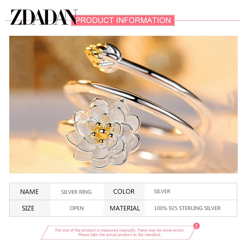 925 Sterling Silver Charm Lotus Ring for Women Fashion Open Adjustable Finger Rings Jewelry Gift