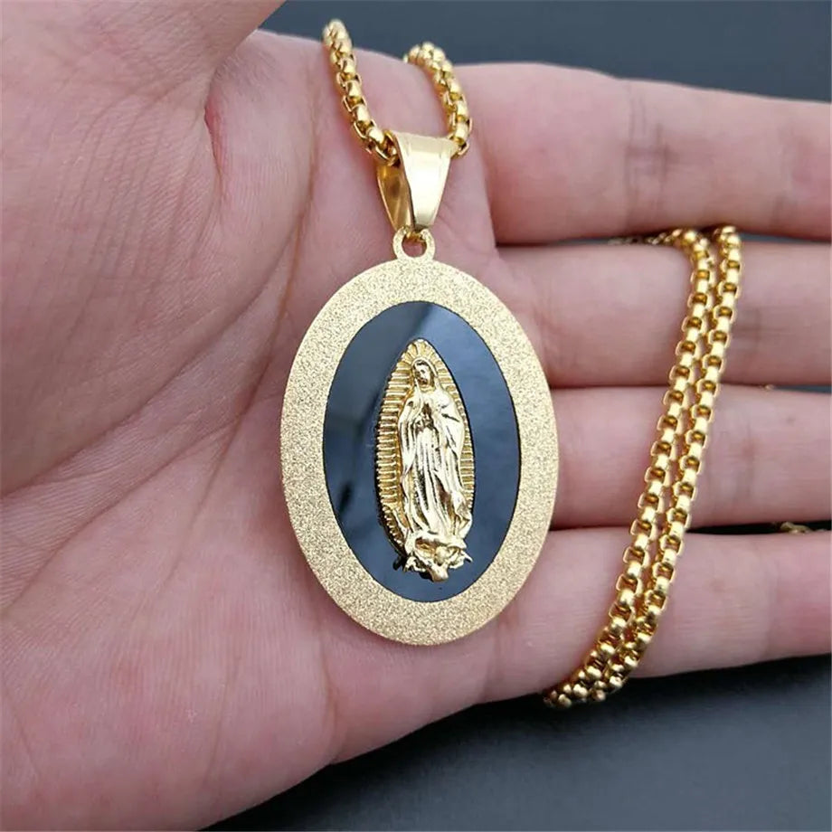 Virgin Mary Pendant Necklace Stainless Steel Men Christian Jewelry Lady of Guadalupe Miraculous Oval Medal Necklace