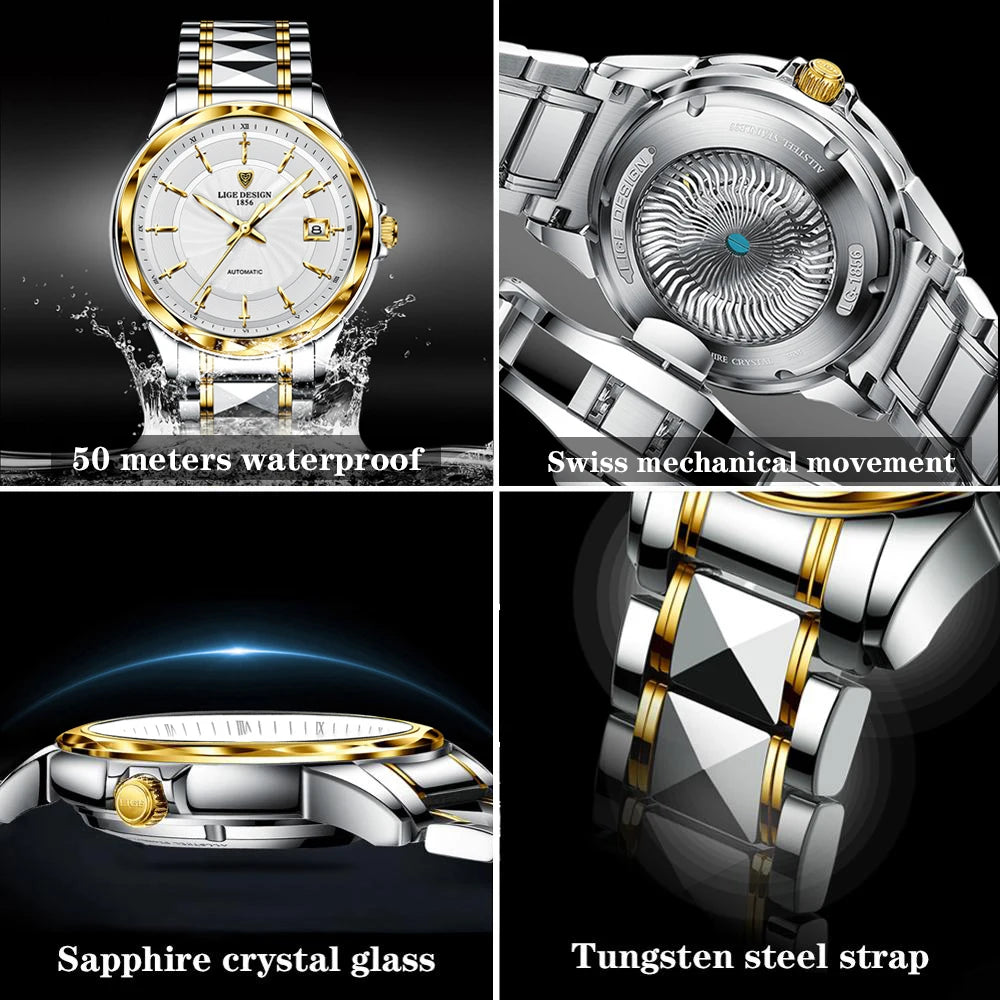 New Mechanical Watch Men Personality Gold Fashion Tungsten Steel Business Men Watch 50M Waterproof Automatic Watch Man+Box