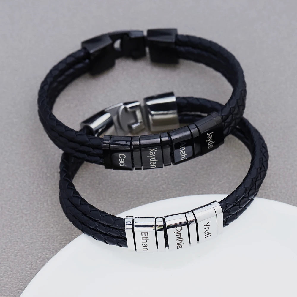 Personalized Men Leather Bracelet Custom Name Beads Bracelet Stainless Steel Men Bracelet Fathers Day Gift