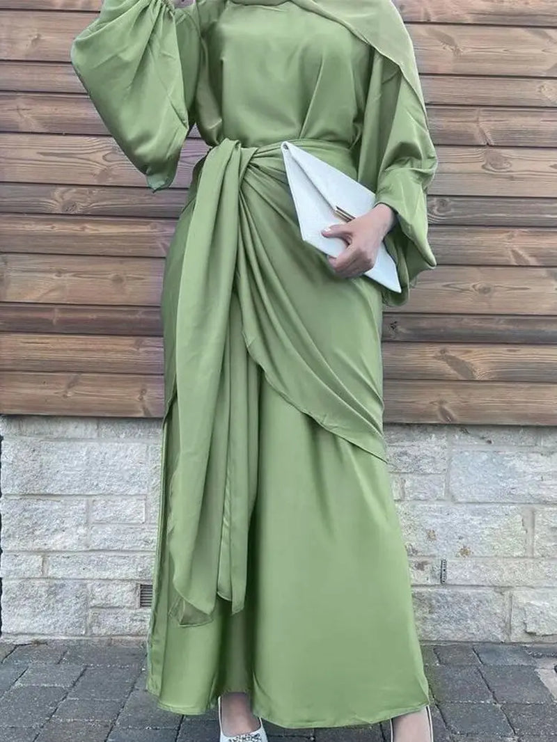 Ramadan Eid Shinytwo Pieces Sets Djellaba Muslim Dress Dubai Fashion Glossy Satin Abaya Muslim Robes Islam Robe WY1294