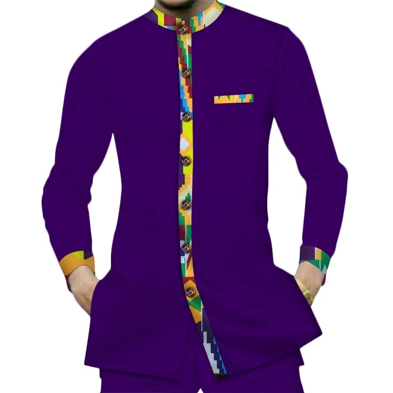 Casual 100% Cotton Men%27S+Shirts African Clothes Dashiki Kente Patchwork Print Shirt Tops Bazin Riche African Men Shirts Only