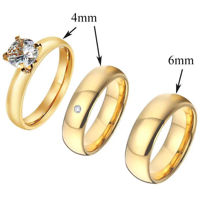 Proposal Wedding Engagement Rings Set for Men and Women Golden Heart Lovers Alliance 3Pcs Promise Couple Ring Marriage