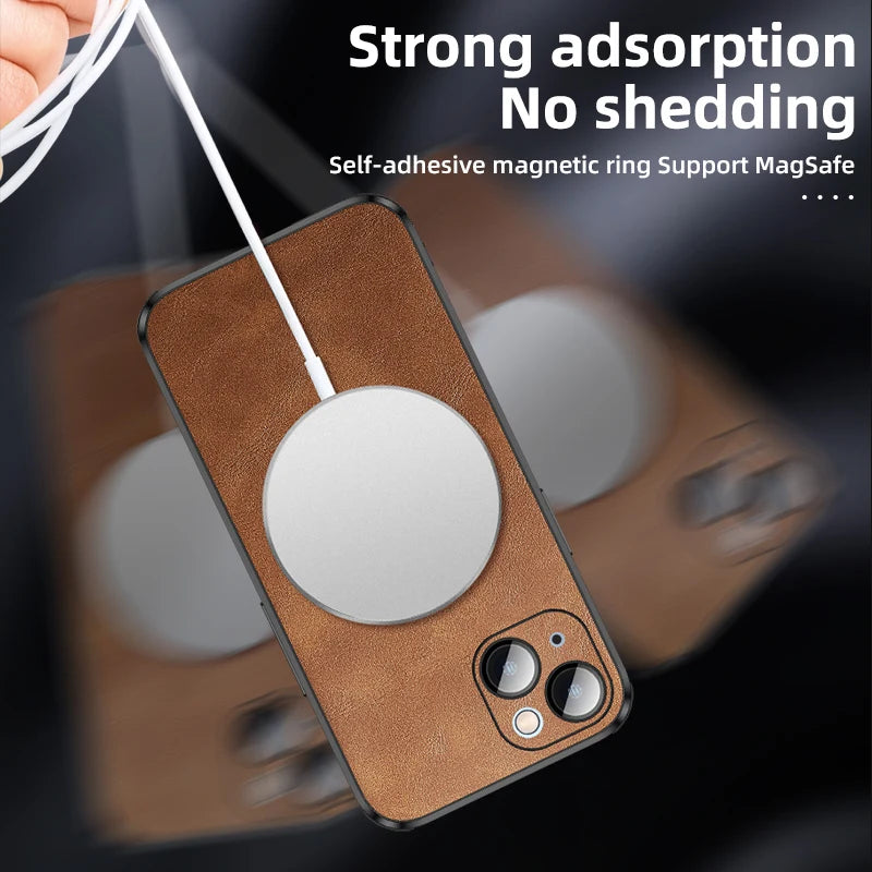 Luxury Magnetic Leather Phone Case for  14 13 12 11 15 Pro Max Mobile Cover Magsafe Lens Protection Wireless Charging