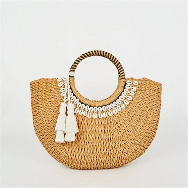 Woman Fashion New Creative Shell Moon Straw Bag Scarf Hair Ball Decoration Straw Bag Portable Woven Beach Handbag