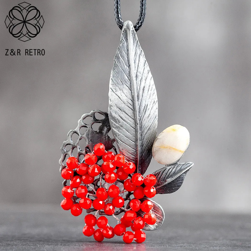 Jewelry Red Crystal Beads Flower Pendant Long Necklace for Women Vintage Plant Suspension Goth Chains Choker Wholesale Jewellery