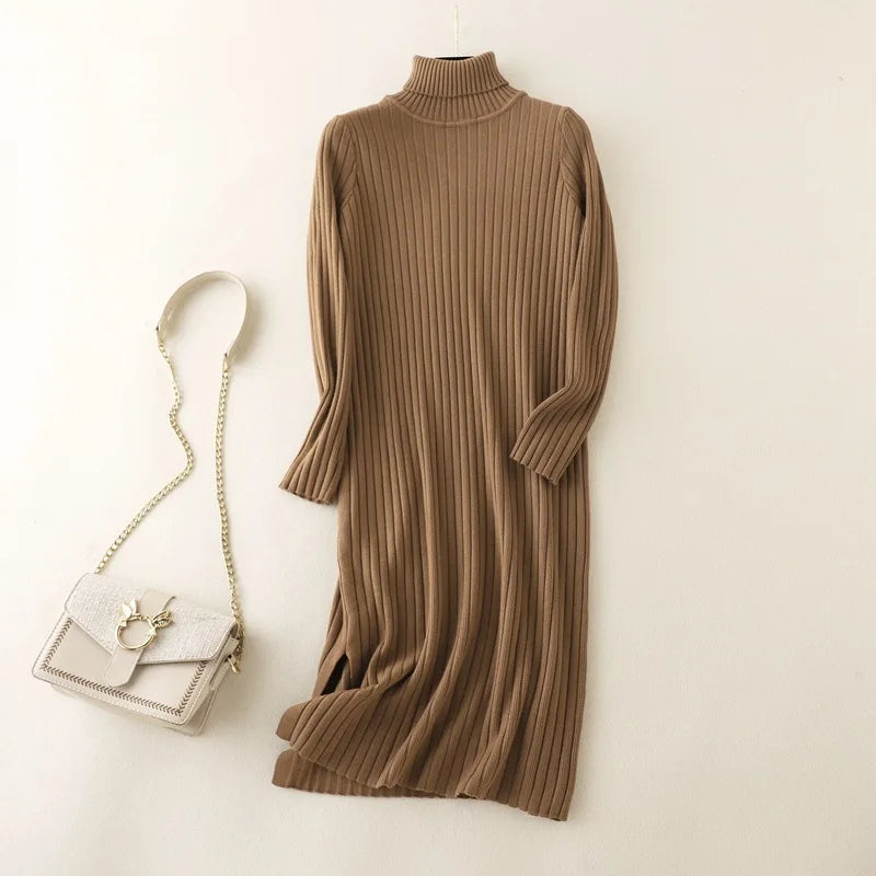 2024 Autumn Winter Thick Straight Maxi Sweater Dress Women High Neck Long Sweater Dress Elegant Female Loose Sexy Knit Dress