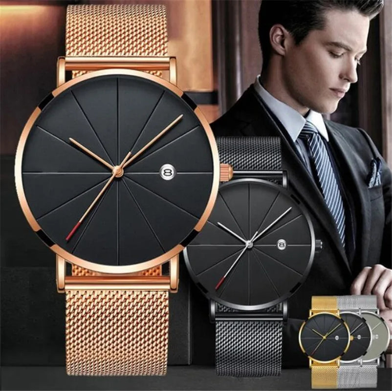 Simple Men'S Watch Stainless Steel Mesh Band Watches Business Classic Quartz Date Wristwatch Casual Luxury Masculino Relogios